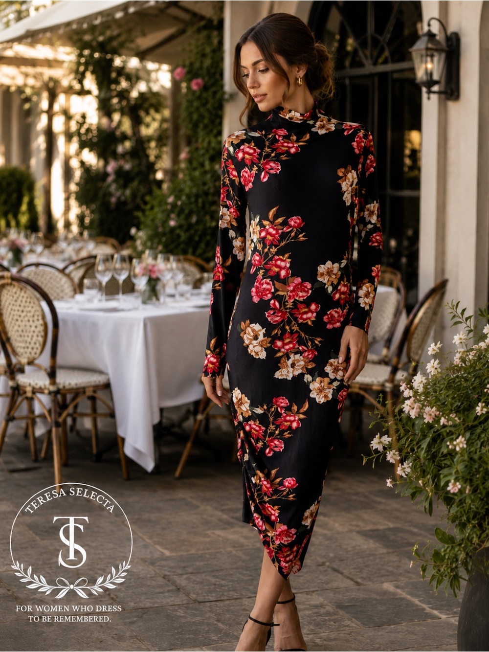 Venus Black Floral Ruched Mock Neck Midi Dress Long Sleeve Size M